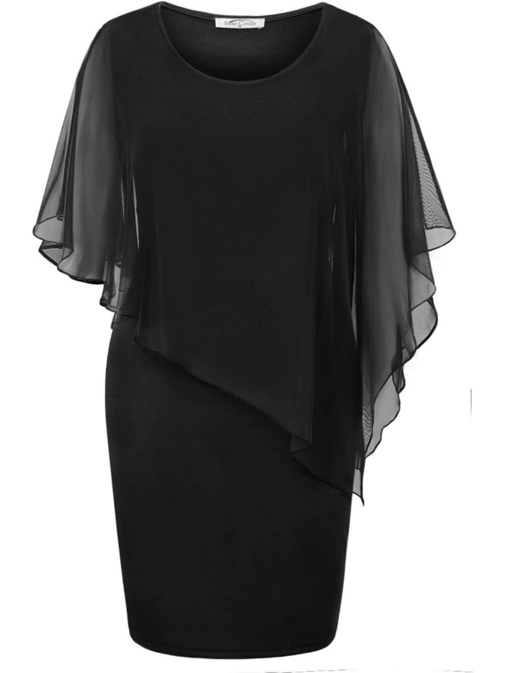 Women's Black Crew Neck Mesh Cape Overlay Knee Length Pencil Midi Bodycon Dress